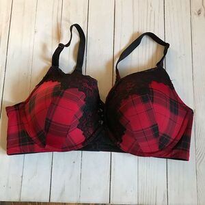 Torrid curve bra Size 40D Corset lace up underwire padded red black plaid